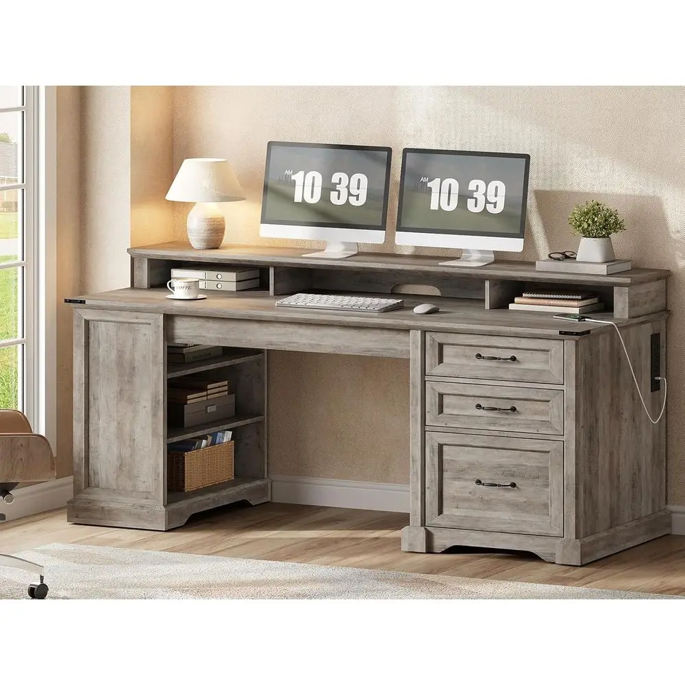 55 Modern Executive Desk with Drawers, Home Office Desk with File Cabinet, Storage Shelf, Charging Station, Monitor Stand, Writi