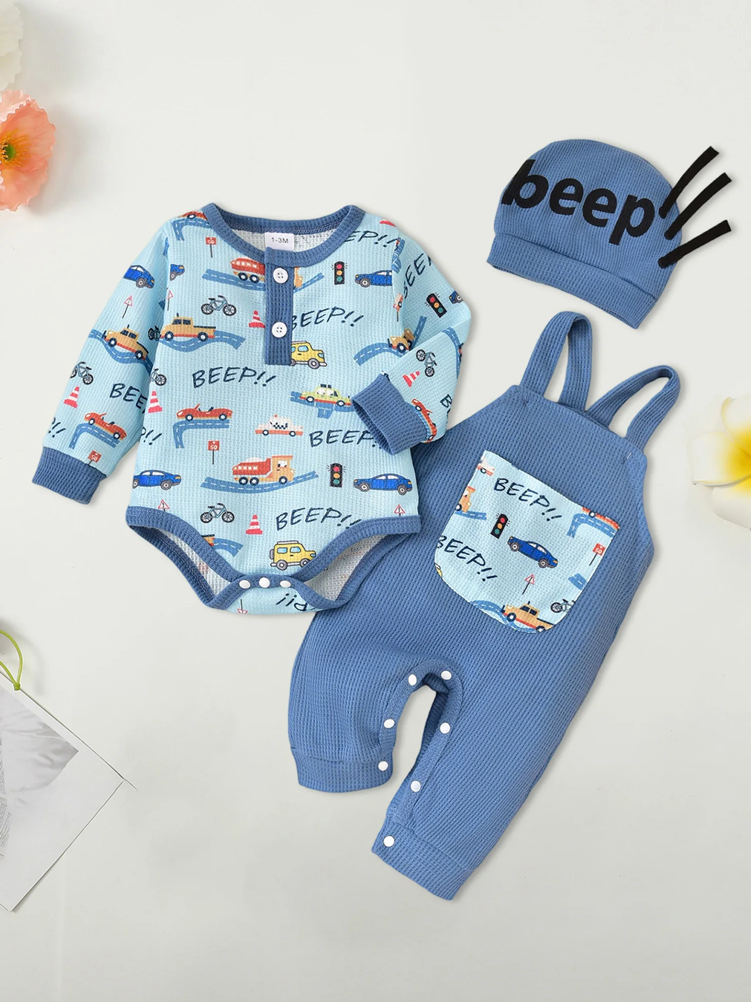 

Infant Baby Clothing Sets Fashionable Long Sleeve Car Crown Printed Romper with Overalls and Hat 3Pcs Fall Outfits