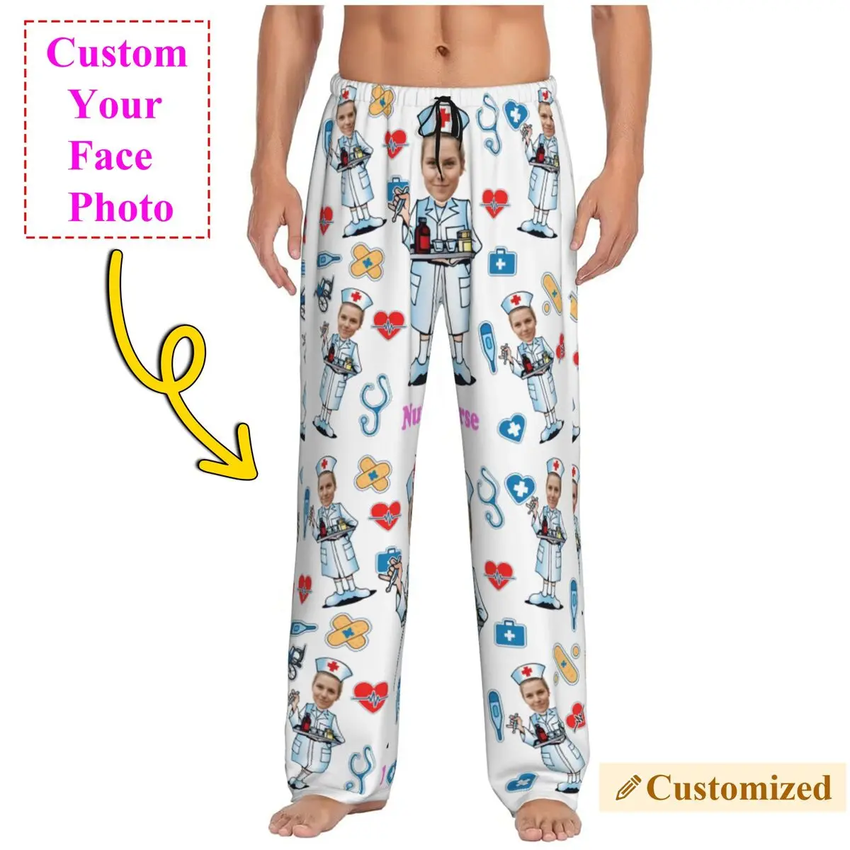 

Nurse Custom Pajama Pants Sleepwear Men's Elastic Waistband Personalized Face Photo Print Sleep Lounge Bottoms with Pockets