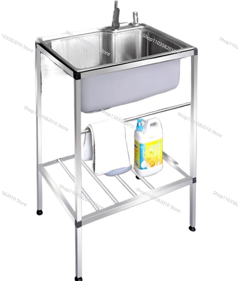 

Kitchen Household Stainless Steel Sink with Stand Floor Washing Basin Single Sink Double Slot Scullery Dishwashing Pool
