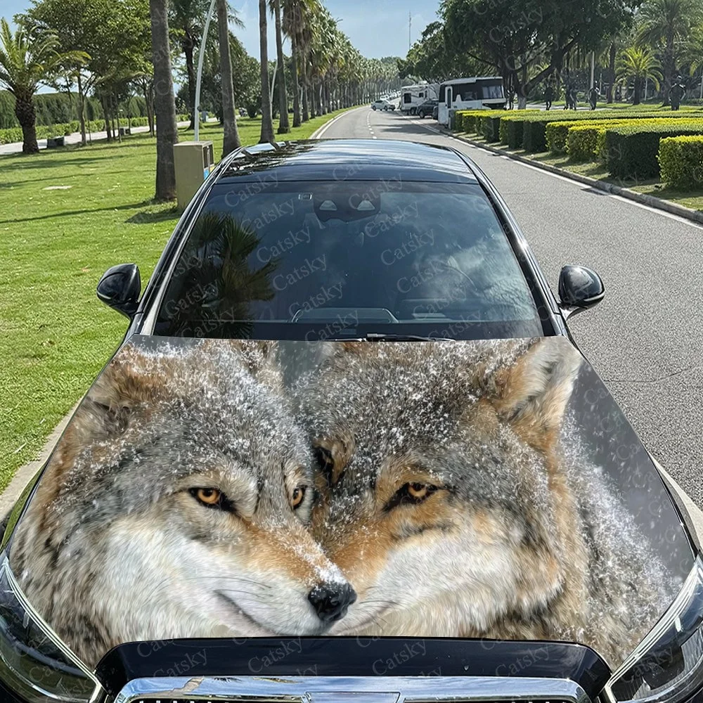 Wolf Couple Snow Car Hood Sticker PVC Self Waterproof Stick, Striking Auto Exterior Accessories Decor Protect Gift for Car Lover