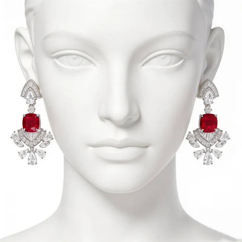 Vintage Fashion Style Stud Earrings Women Lady Inlay Drop-shaped Cubic Zircon Synthetic Ruby Tassels Eardrop Fine Jewelry