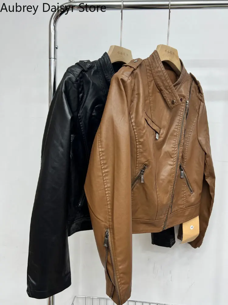 Korean Fashion Schwarz Leder Jacke Frauen Winter Unregelmäßigen Zipper Biker Leder Jacke Streetwear Vintage Cropped Mantel Frauen Neue