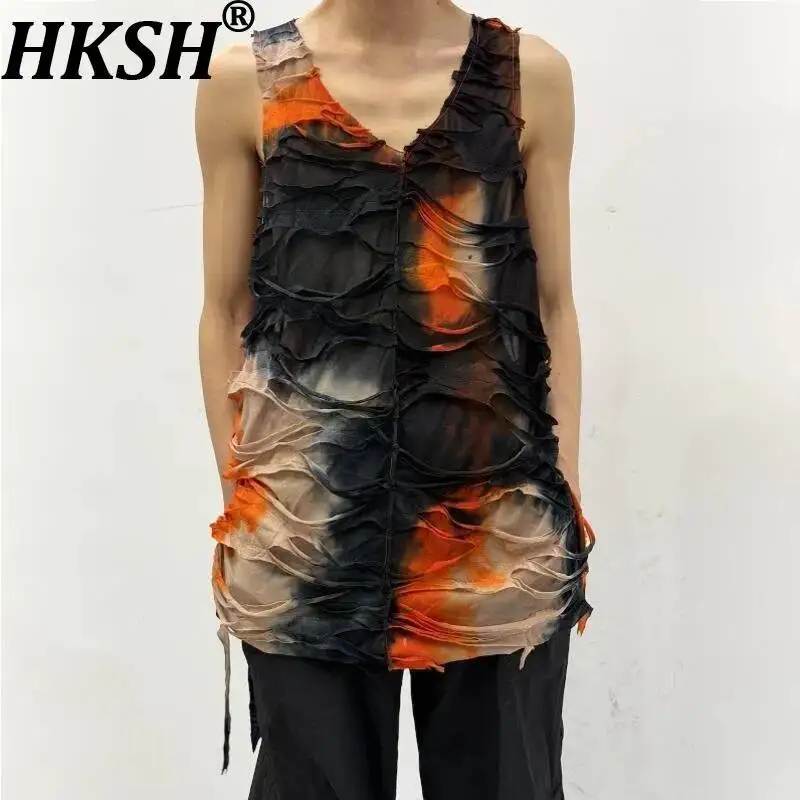 HKSH Summer New Men Tide Dark Chic Ins Vintage Waistcoat Ripped V-Neck Tie-Dye Sleeveless Vest Fit Design Vibe Tank Tops HK24413