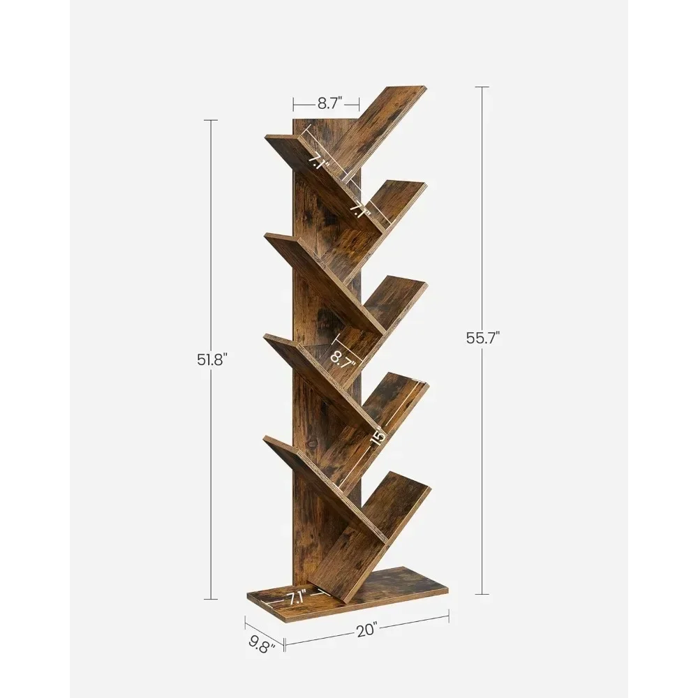 9-Tier Floor Standing Tree Bookshelf Book Shelf Home Office Bookcase With Shelves for Living Room Rustic Brown Furniture