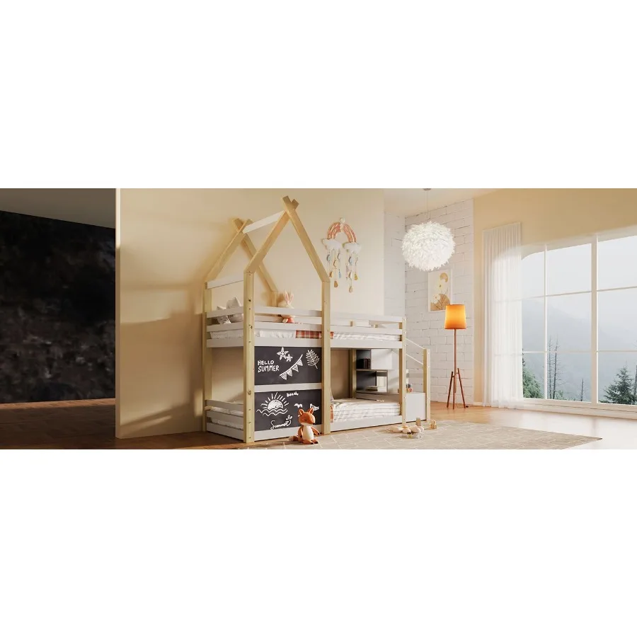 

Двухъярусная кровать Twin over Twin House с белой лестницей для хранения вещей и двумя досками, белые и натуральные