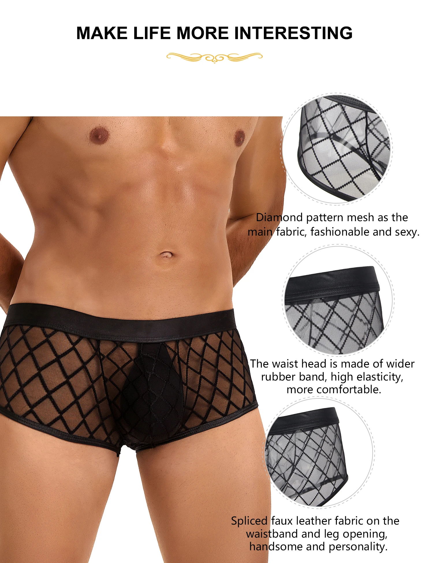 Comeondear Men Underwears Sheer Plaid Mesh Panties Diamond Faux Leather Lingerie Sexy Basic Boxer Hot Shorts Fetish Briefs Black