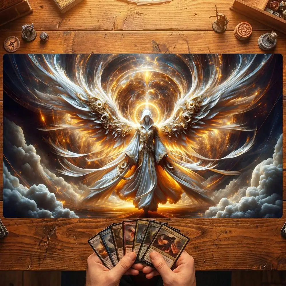 White Feather Goddess Mouse Pad Card Playmat Stitched with Magic Zones Tabletop for MTG/TCG Card Battle Commander Gaming Mat