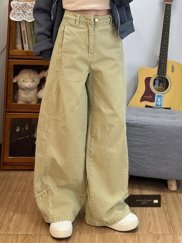 

Свободные прямые джинсы цвета хаки с высокой талией, женские осенне-зимние новые широкие брюки в стиле ретро, модные повседневные брюки