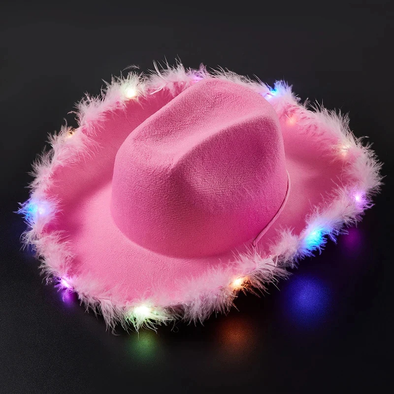 Fun Club Party Disco Pink Cowgirl Hat  Funny With Colorful LED Light Feather Trim Cowboy Hats Women Men Holiday Dress Up Gift