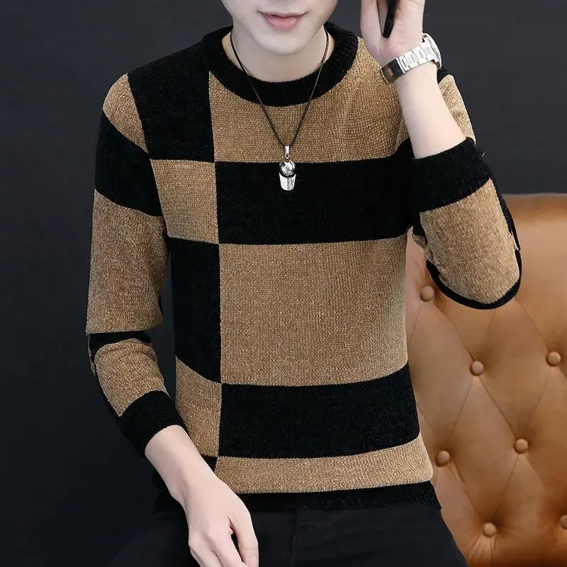 Stylish O-Neck All-match Knitted Spliced Korean Color Sweater Men's Clothing 2022 Autumn New Loose Casual Pullovers Warm Tops