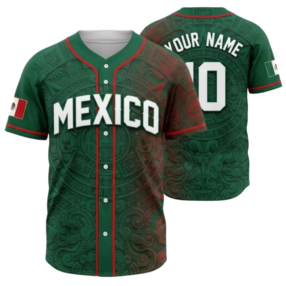 Mexico Baseball Jersey, Custom Name Number Green Button Up Shirt, Mexican Flag Aztec Calendar Cinco de Mayo Gift For Men Women