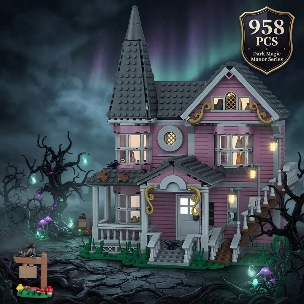958PCS MOC Pink Castle Apartment Building Blocks,House Model with Cat Windmill,Creative Construction Toy,Birthday Gift for Girls