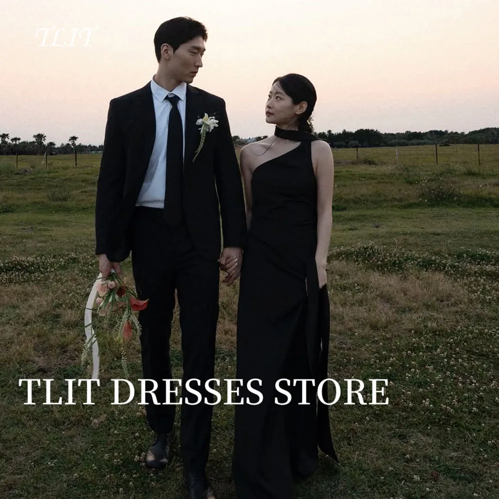

TLIT Простые черные эластичные атласные вечерние платья с лямкой на шее, длинное платье для выпускного вечера, корейское свадебное платье, фотосессия 이브닝 드레스 по индивидуальному заказу