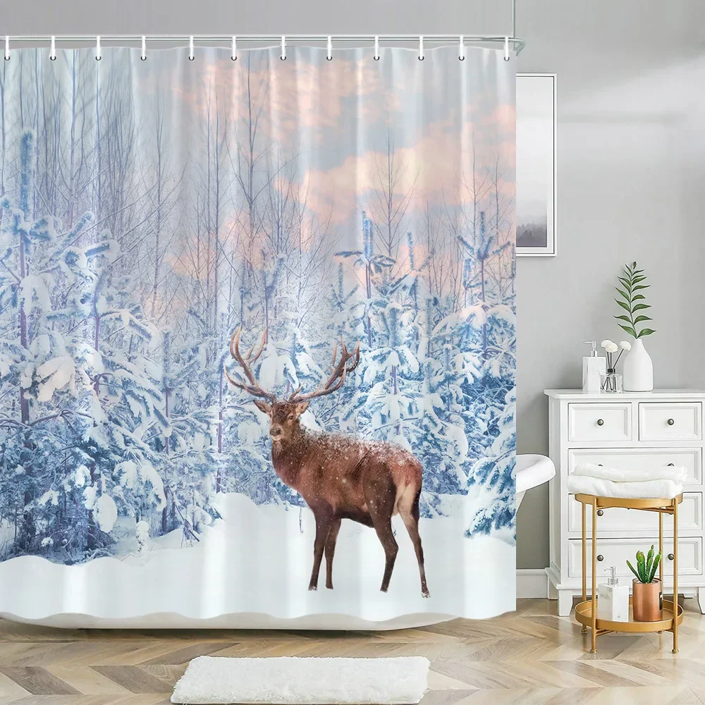 Winter Shower Curtain Snow Covered Forest Idyllic Early Morning Scenery Seasonal Xmas Nature Cloth Bathroom Decor Set with Hooks