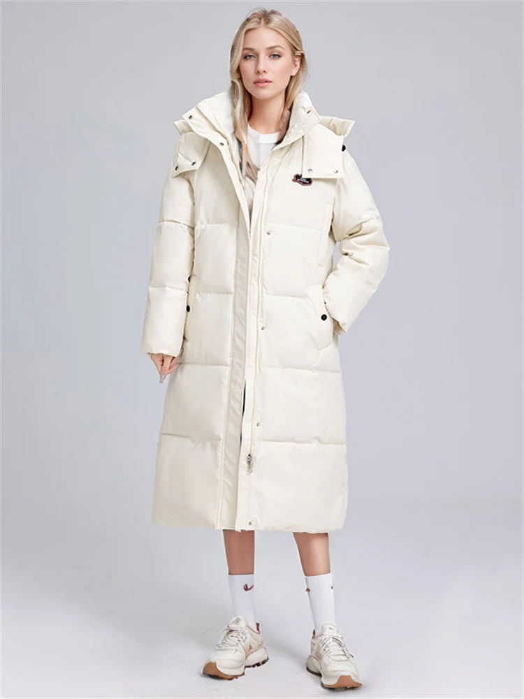 Thicken Winter Down Jacket Woman New Long Coat Oversize Hooded Big Pockets Zipper Warm Down Coat Woman Winter Overcoat