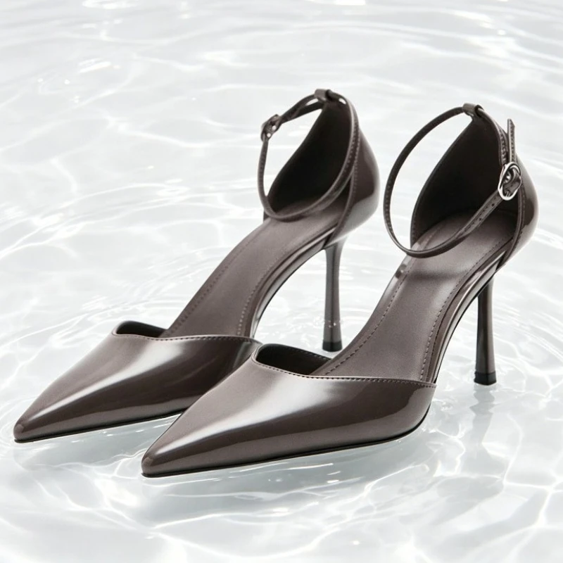 

Gray Patent Leather Pointed-toe Heels Women Elegant Ankle Strap Buckle Stiletto Sandals Luxury Brand Designer Shoes Office Shoes