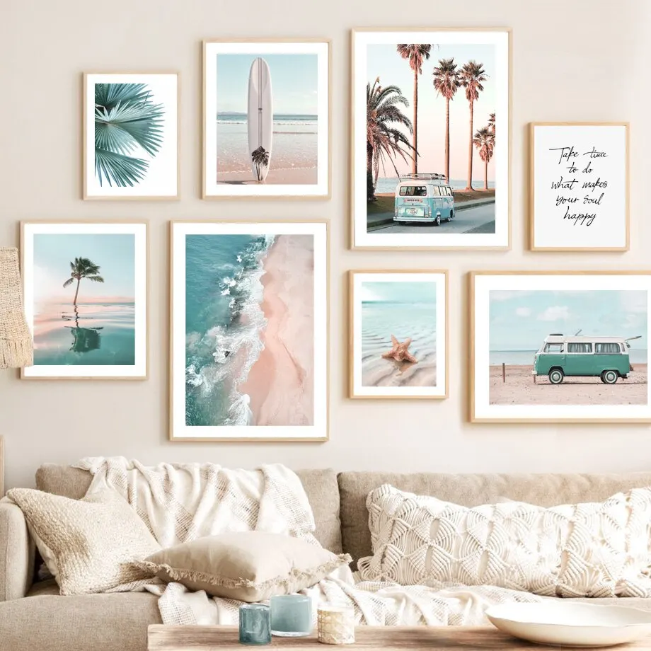 

Beach Scenery Poster Nordic Wall Art Decorative Picture Tropical Sea Surfboard Bus Palm Tree Boat Canvas Painting for Home Decor
