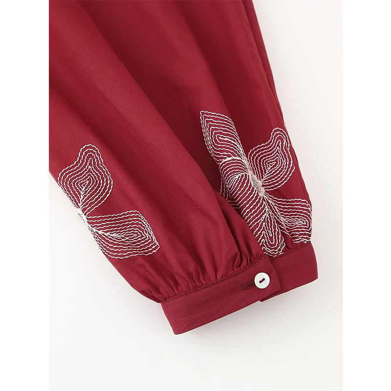 Primavera 2025 blusa de camisa con bordado floral y cuello en V de manga larga para mujer