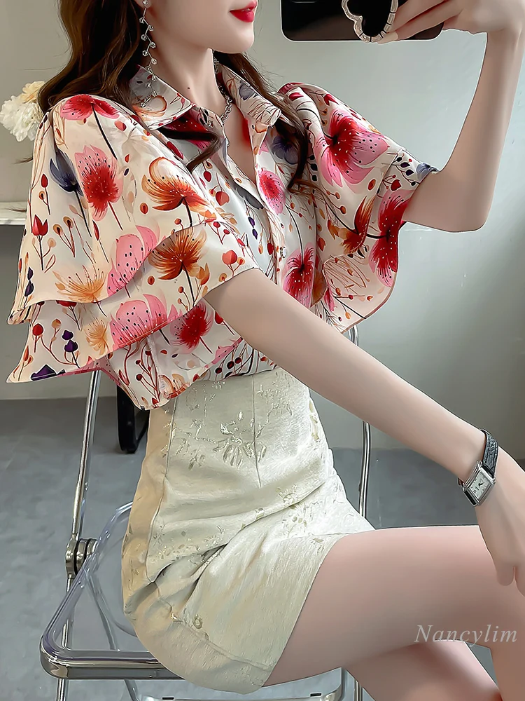 New Print Ruffle Top Women's Light Luxury High-Grade National Style Shirt Summer Loose Design Temperament Short Sleeve Blouse