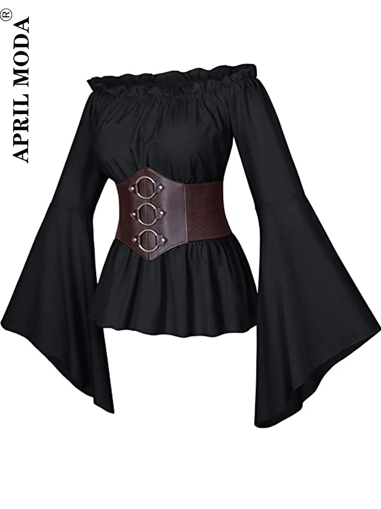 2023 Elegant Halloween Cosplay Vintage Shirt Solid Corset Renaissance Victoria Medieval Steampunk Pirate Tops Bandage Shirts