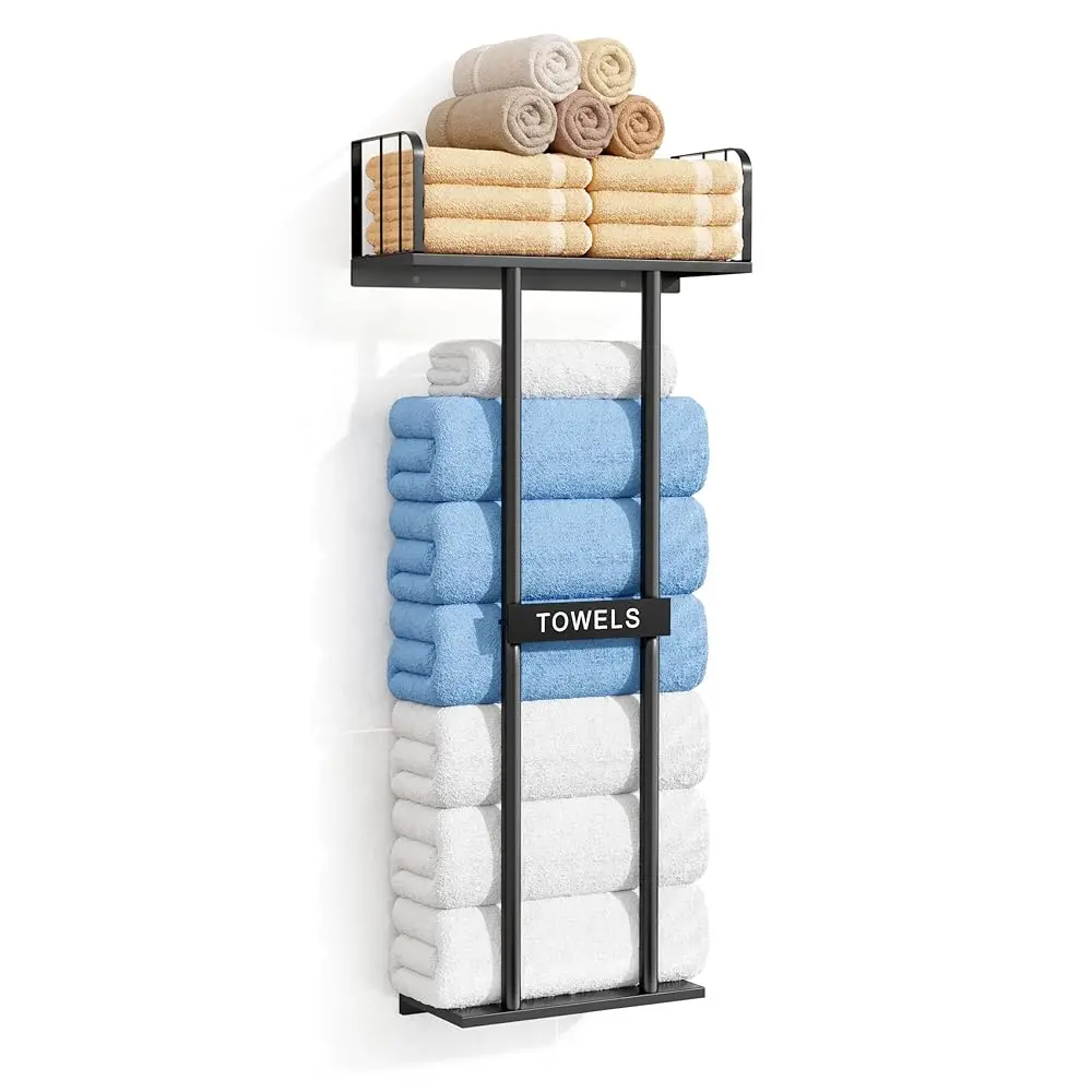 

Настенная вешалка для полотенец в ванную комнату с верхней полкой, вмещает 8 больших рулонных полотенец, 36 дюймов, органайзер для хранения полотенец в ванной