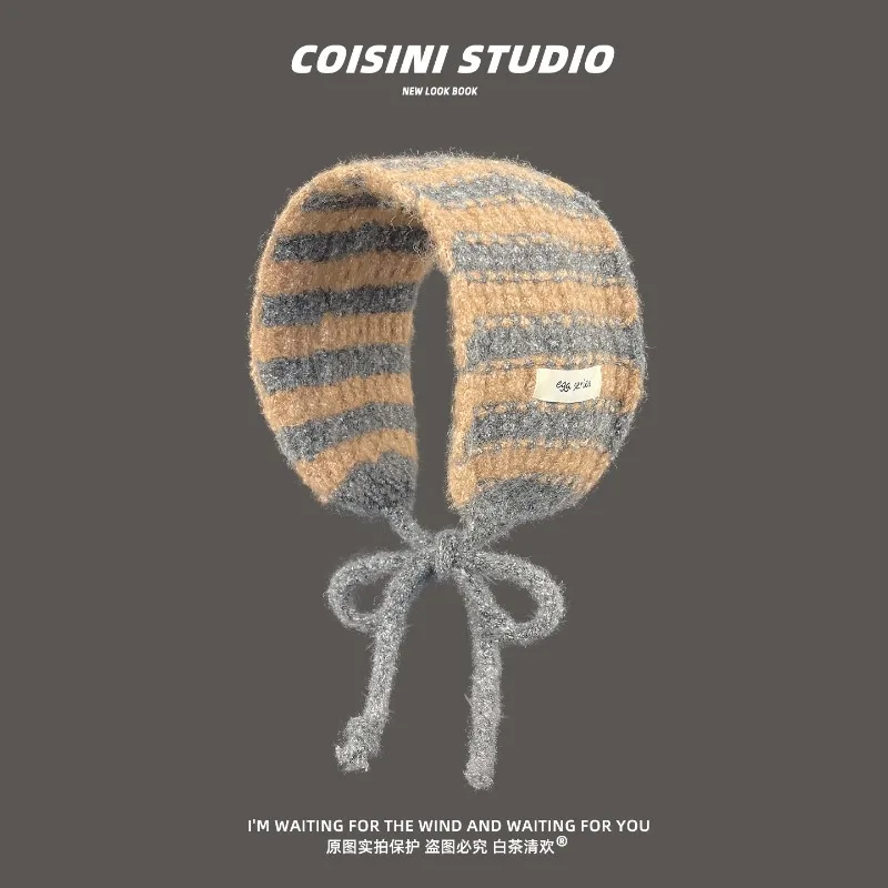 Koreanische gestreifte Plüsch-Ohrenschützer für Damen im Herbst und Winter, warm und vielseitig, mit Ohrenschutzriemen und gestrickten Haarbändern. – Detail 6