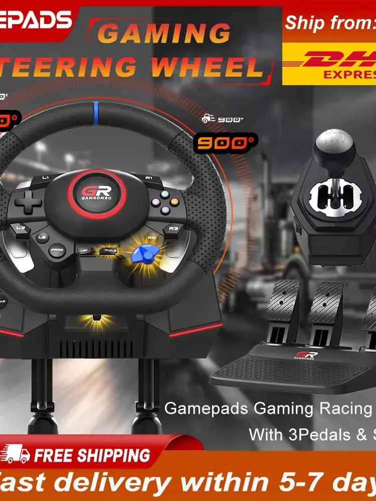 Rennlenkrad-Simulator für PS5/PS4/PC, RGB-Gaming-Lenkrad, 270 Grad ° &900 °   Volante Einstellbares Makro-Hall-3-Pedal-Schalthebel-Set