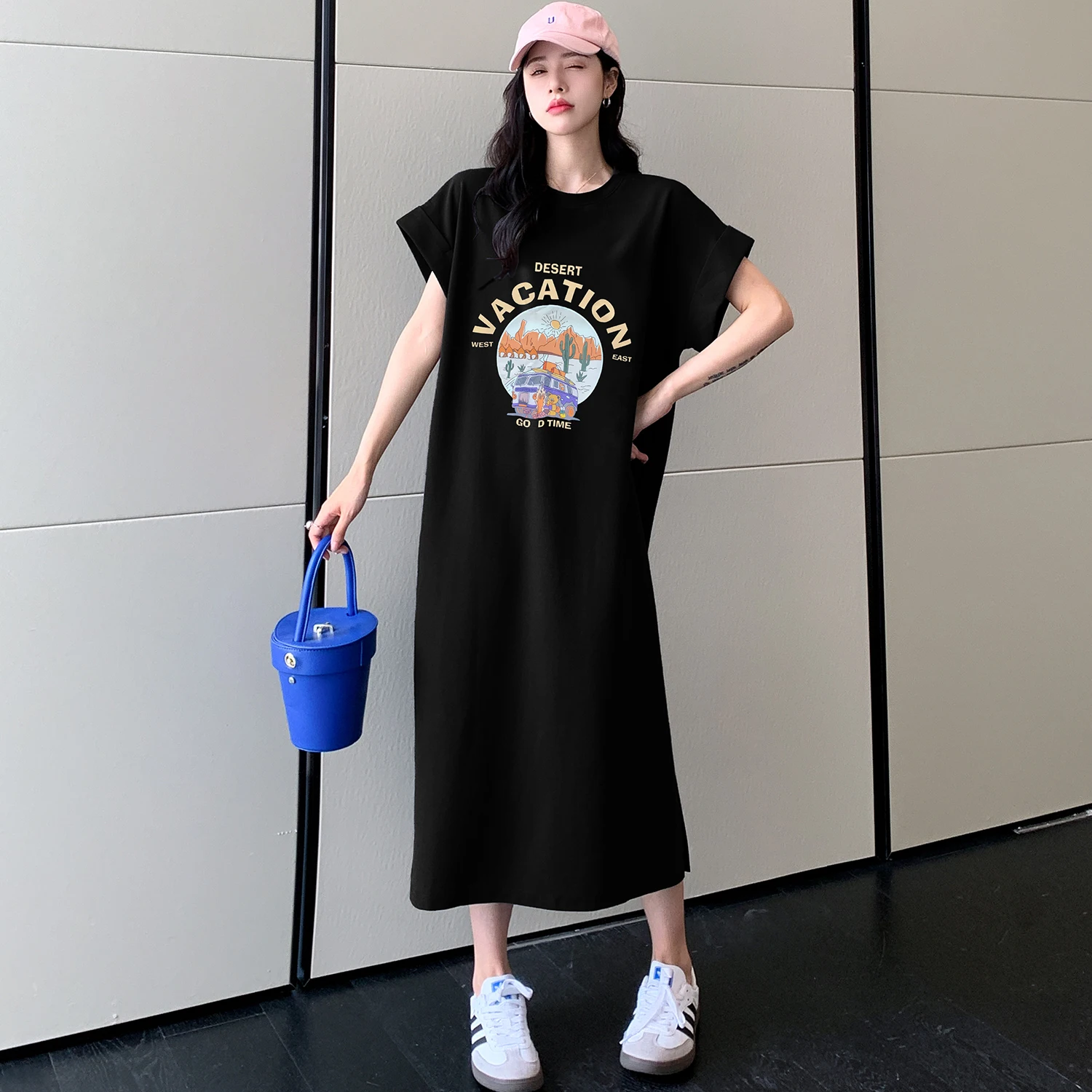 T-shirt imprimé en pur coton pour femmes, dr Long Sve ort Sve, jupe trapèze, pour les déplacements, nouvelle collection été