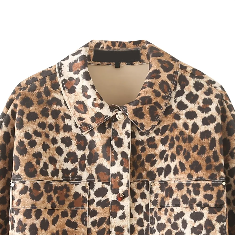 PB&ZA2024 autumn new women\'s clothing fashion temperament leopard print suede texture effect jacket long sleeved jacket