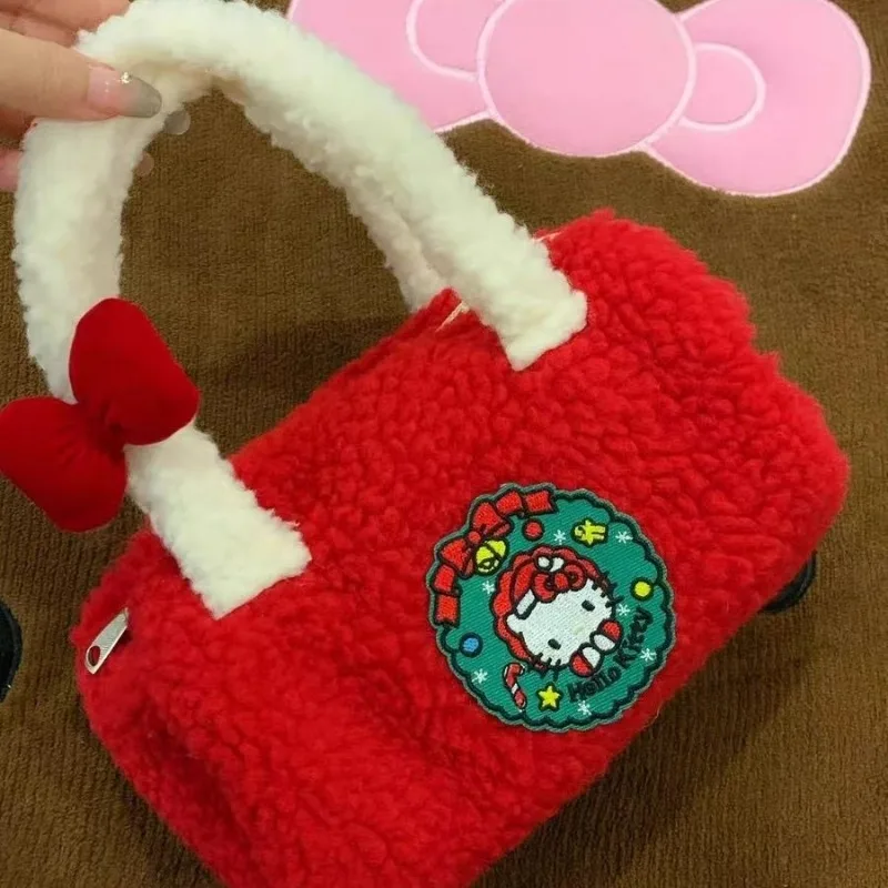 Sanrio Navidad y Año Nuevo sobre rojo Hello Kitty bolso de lana de cordero chica bolso francés para teléfono móvil bolsa de mensajero de salida