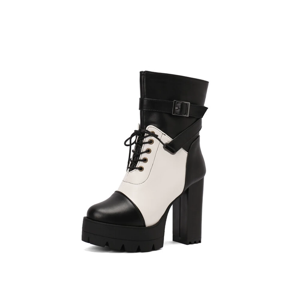 

Ankle Boots Women Sexy Fashion Lace Up and Inner Zipper High Heels Autumn Winter Warm Short Platform Boots Big Size 47 48 8-1