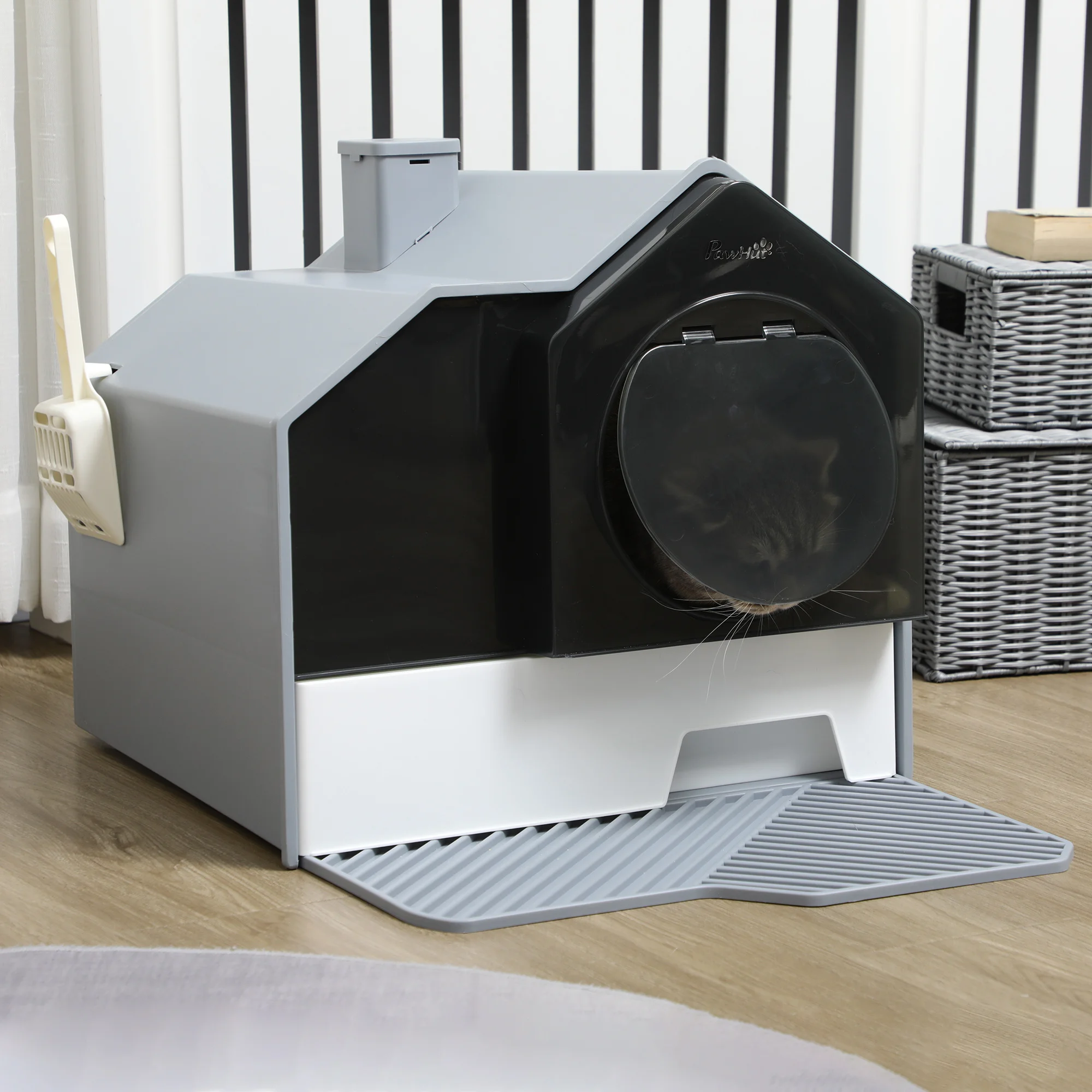 Pawut kattenbak, Felin toilet met tapijt, handvat, lederen bekleding, productdeodorant en afvalbak, Sun. 47L x 45l x 42H cm, Grijs