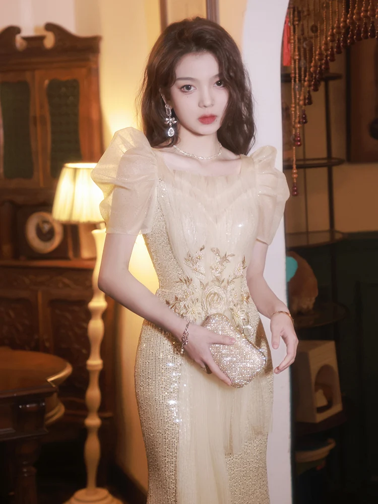 

Ele Fi-Tail Evening Gown Sparkling Sequins Heavy-Worked Korean Sle Wedding Dr Mid-Waist Bubble Sve Long Skirt