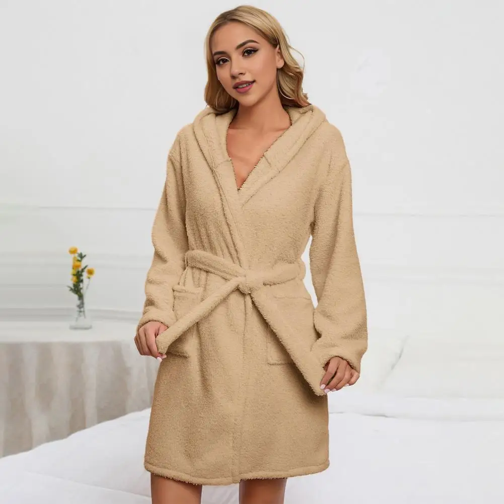 

Cozy Sleep Attire Luxurious Velvet Hooded Nightgown with Adjustable Lace Up Belt for Women Cozy Winter Homewear Spa Bathrobe