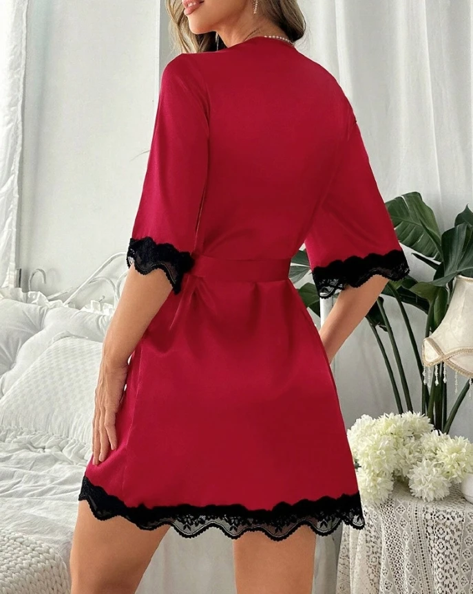 Satin lace edge see through border long robe lace up pajamas bathrobe dress for women