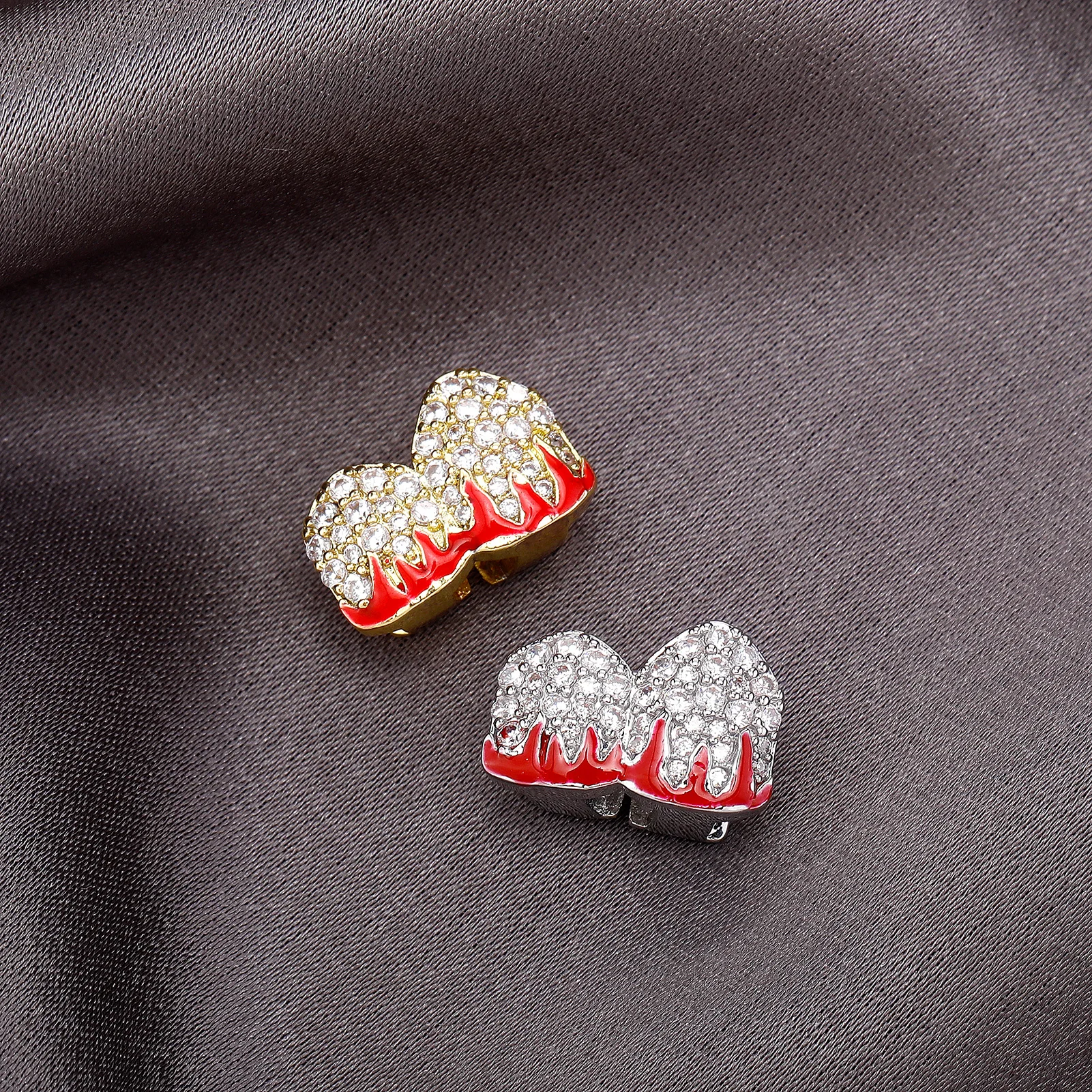 TOPGRILLZ Fashion Iced Out CZ Stone Teeth Grillz Single/Double Red Flame Shiny Tooth Cap Dental Grill For Women Men Body Jewelry