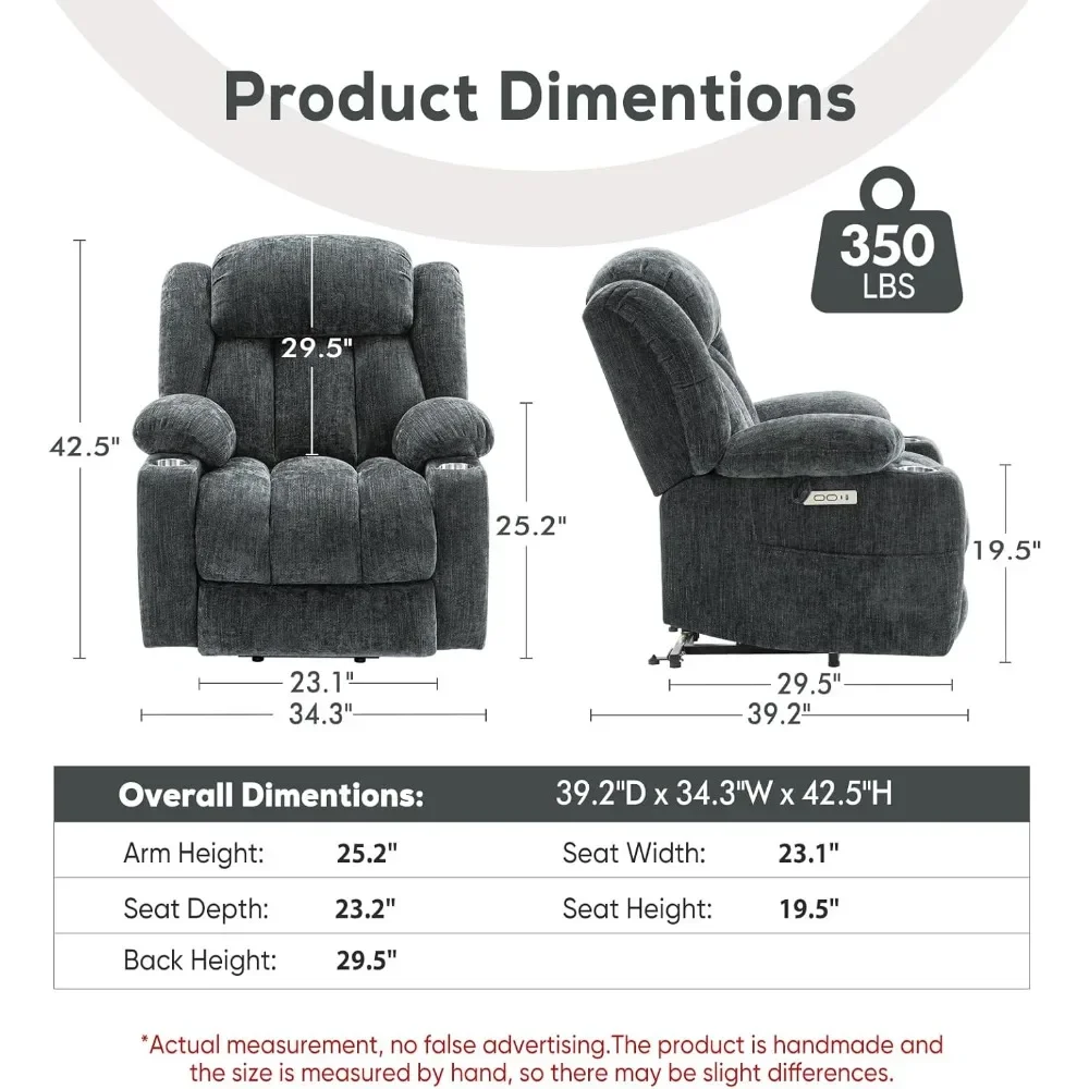 Large Power Lift Chairs Recliners for Elderly with Heat ＆ Massage, USB-A ＆ C, Cup Holder, Side Pocket, Grey Blue, Recliner