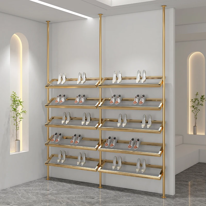 Shoe store shoe rack display rack, stainless steel titanium upper wall hanging column, clothing store shoe bag window storage