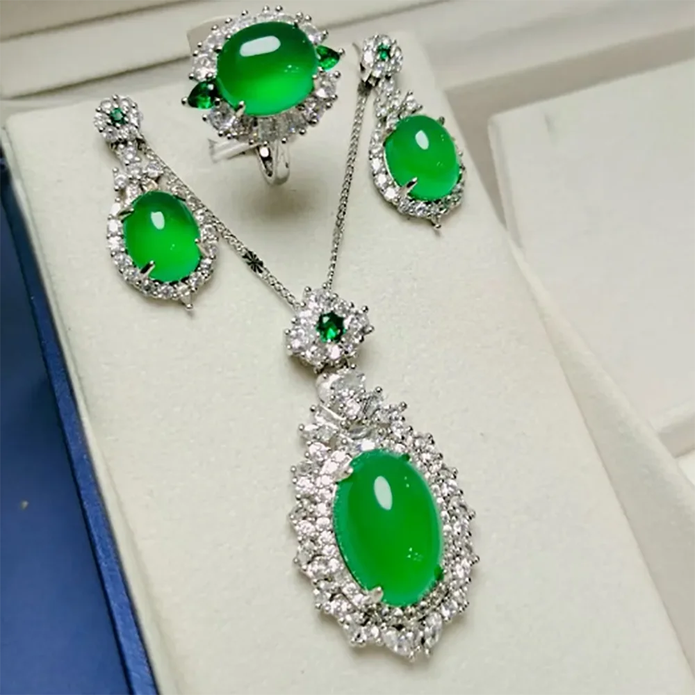 Natural Jade Jewelry Set For Women Myanmar Jadeite With Zircon Emerald Oval Pendant Necklace Dangle Earrings And Green Jade Ring