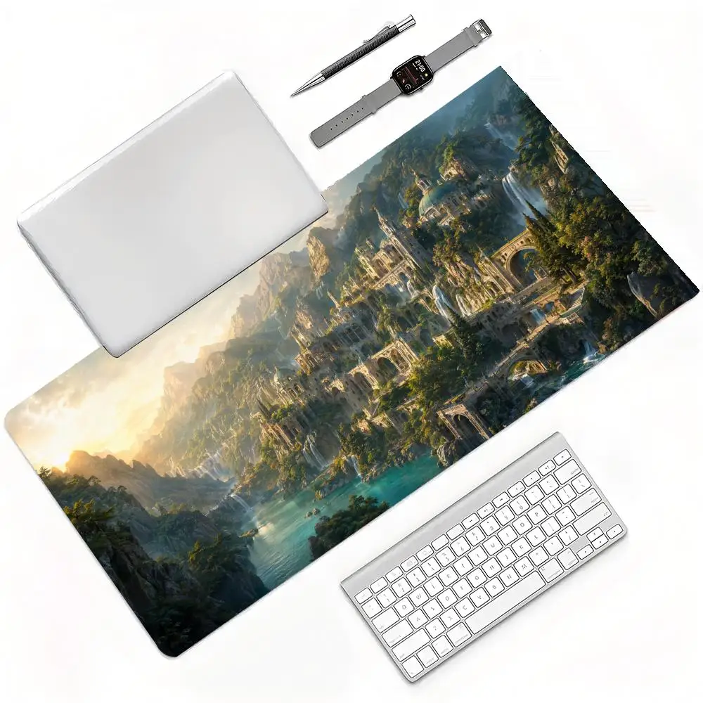 Watercolor Fantasy Castle Large Mouse Pad Mountain Waterfall Scenery Art Desk Mat for Home Office Gaming Decor