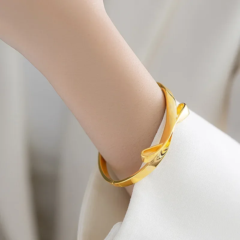 9999 Real Gold 24K Simple Premium Gold Ribbon Bow Buckle Bracelet, Bow Satin Women's Bracelet