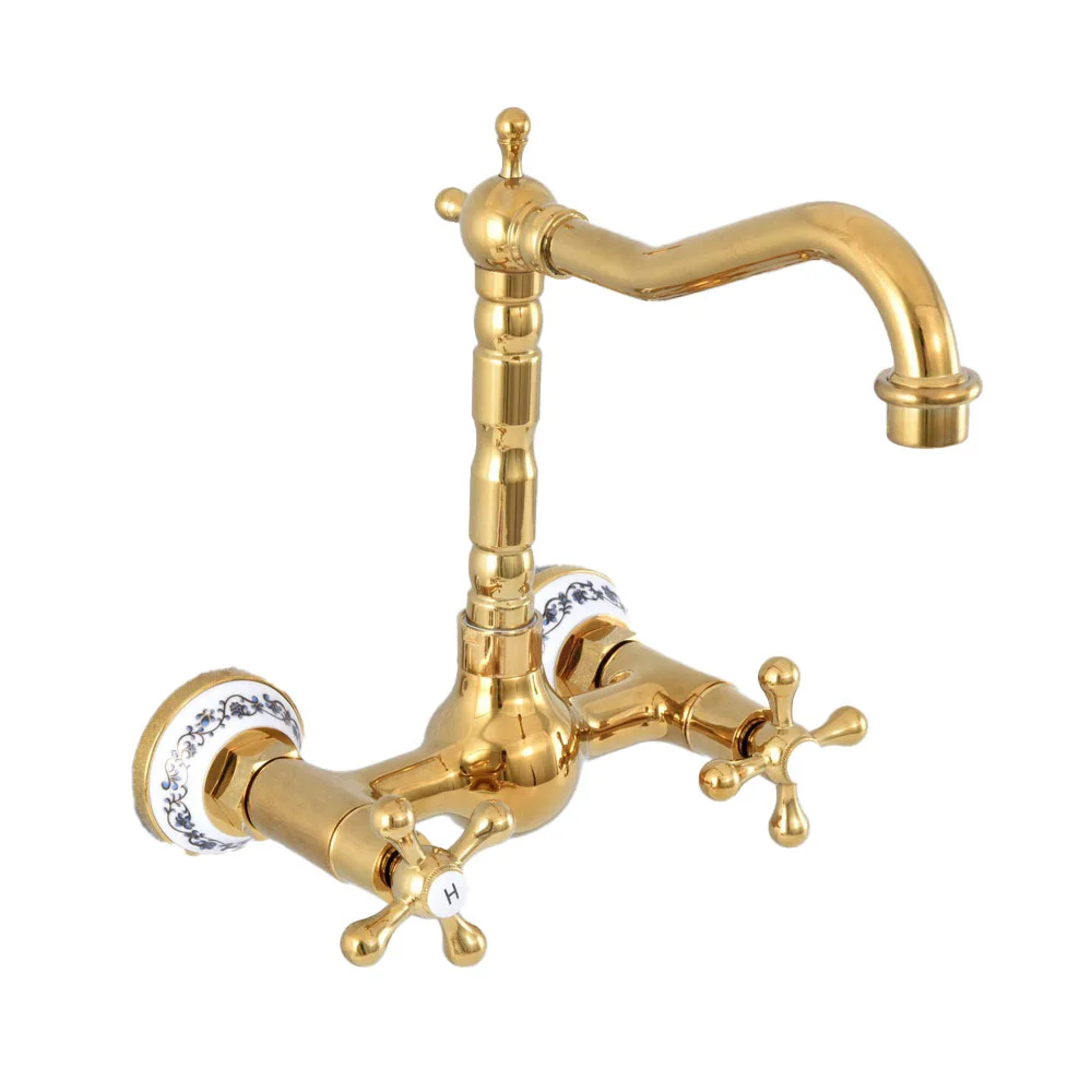 

Wall Mount Kitchen Faucets Gold Color Brass Swivel Bathroom Sink Faucet Basin Tap Dual Handle tsf620