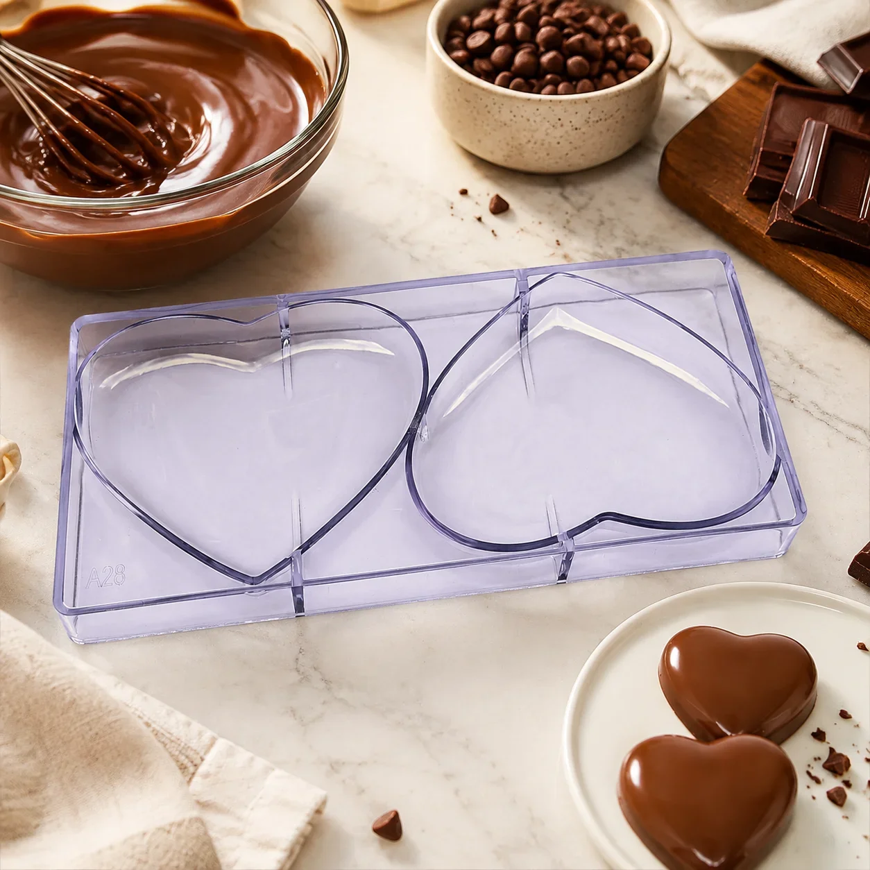 2-Cavity Large Heart Polycarbonate Chocolate Mold, Bonbon Candy Making Mold for Home, Bakery and Wedding