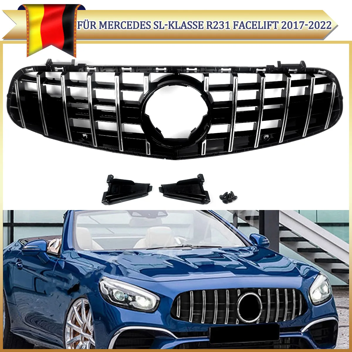 Image of Für Mercedes Benz SL-Klasse SL500 SL550 R231 Facelift 2017-2022 GT-Style Vorderer Oberer Stoßfänger Rennkühlergrill Schwarz mit Chrom-Zierleiste ABS