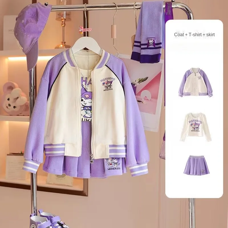 Sanrio Girl Clothes Cartoon Kuromi Printed Embroidery Autumn Long Sleeve Jacket&Tshirt&Pants 3pcs Child Teen Girl Clothes