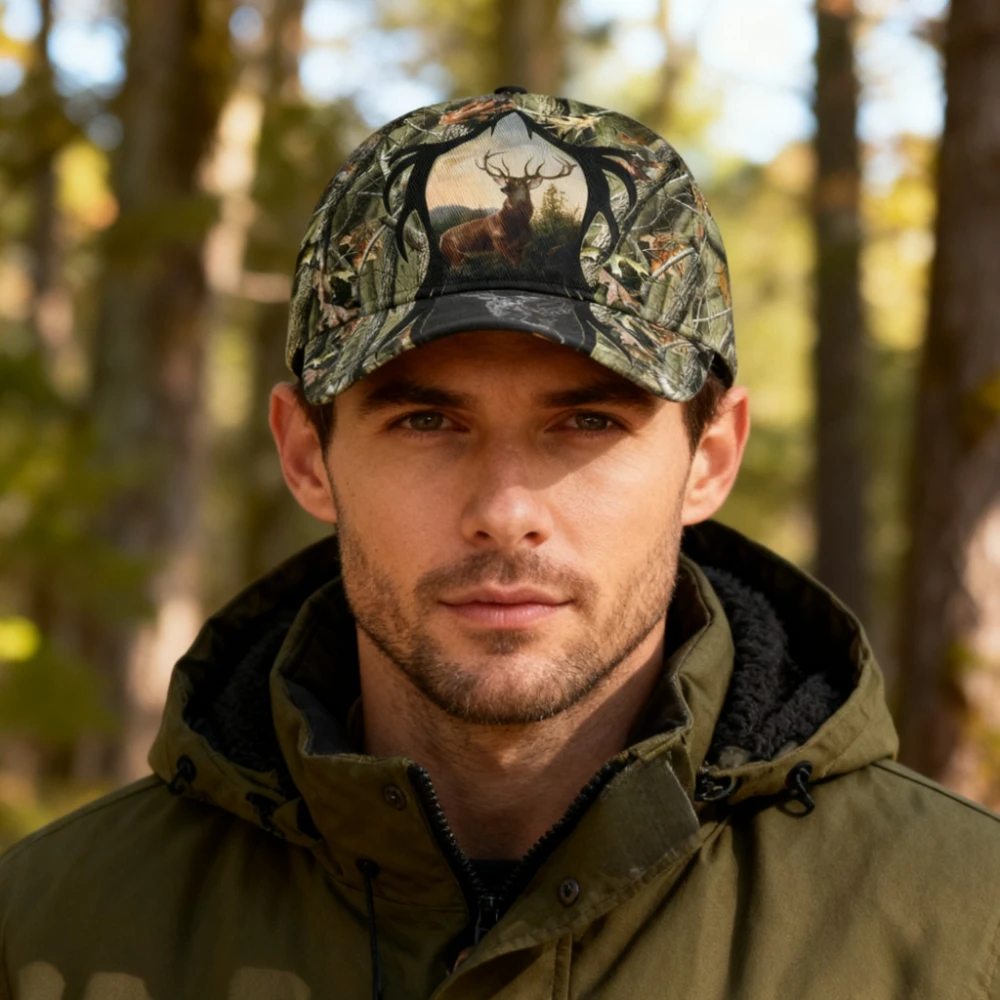 Hunting And Camping In Forest - Smoke Deer Camo Baseball Cap Print