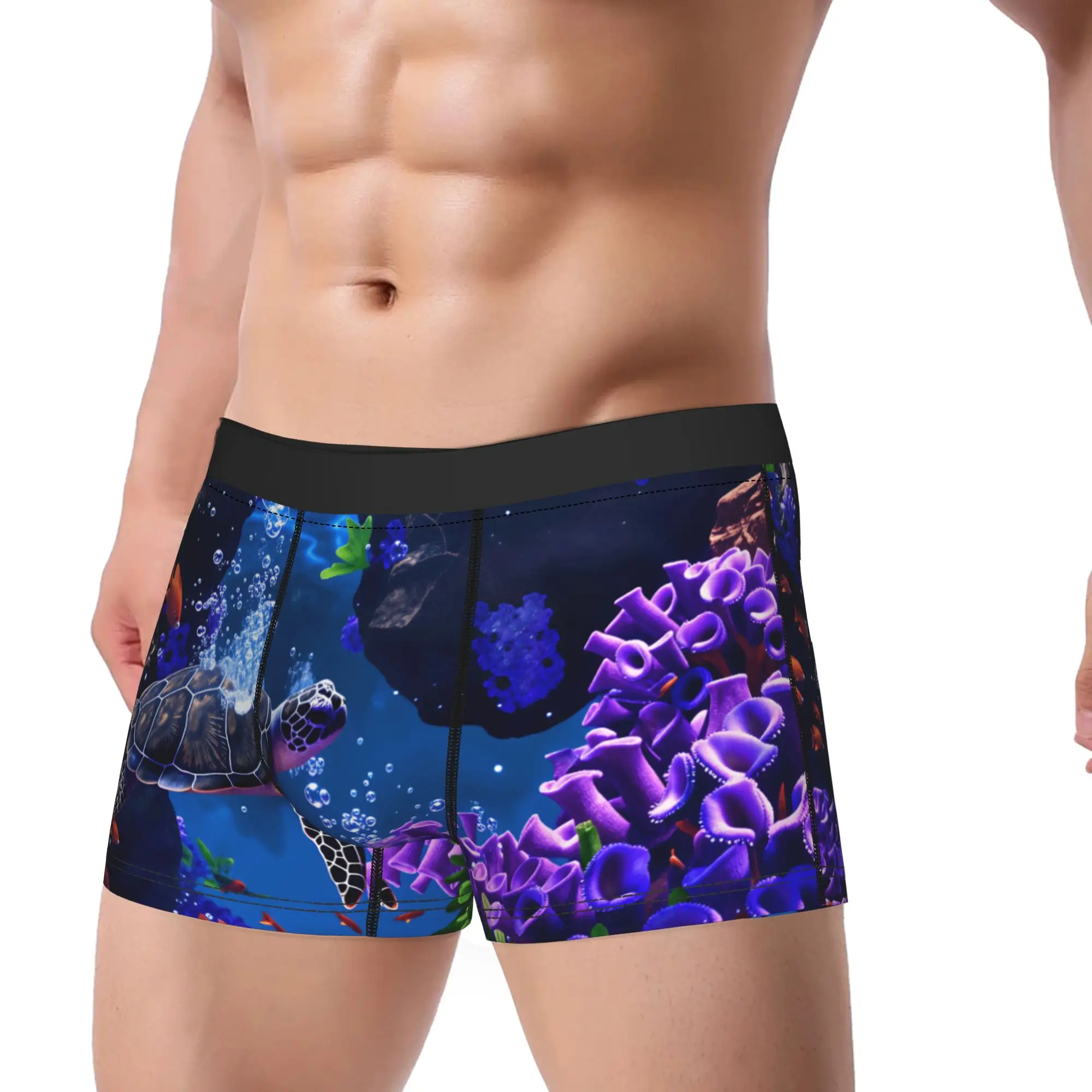 Sea Turtle Swimming Purple Coral Reef Ocean Underwear  Men Boxer Brief Elastic Boxer Shorts Hot Sale Design Plus Size Underpants