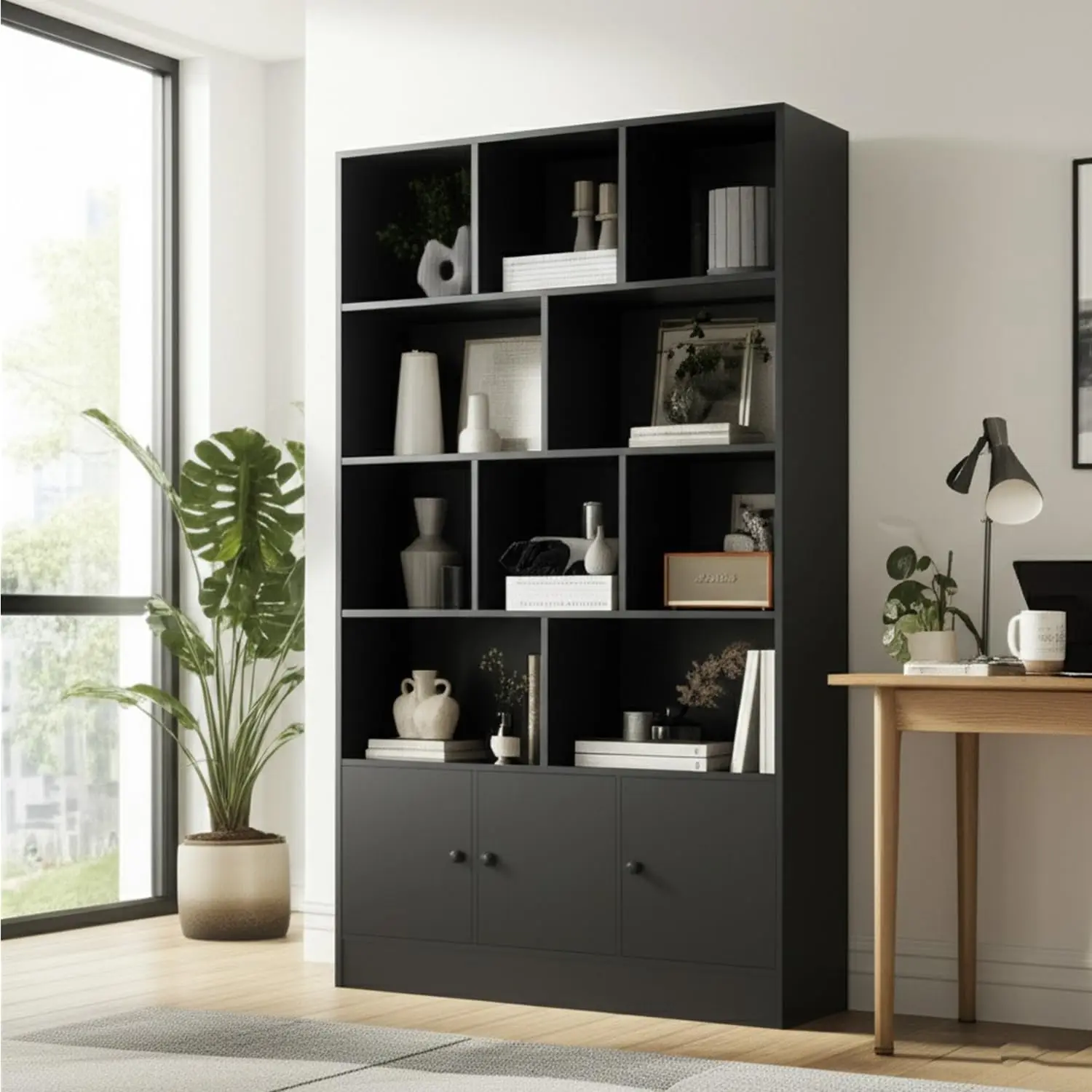 Black 5-Tier 13-Cube Cabinet 3 Doors Freestanding Bookcase Anti-Tip Living Room Office 35.4