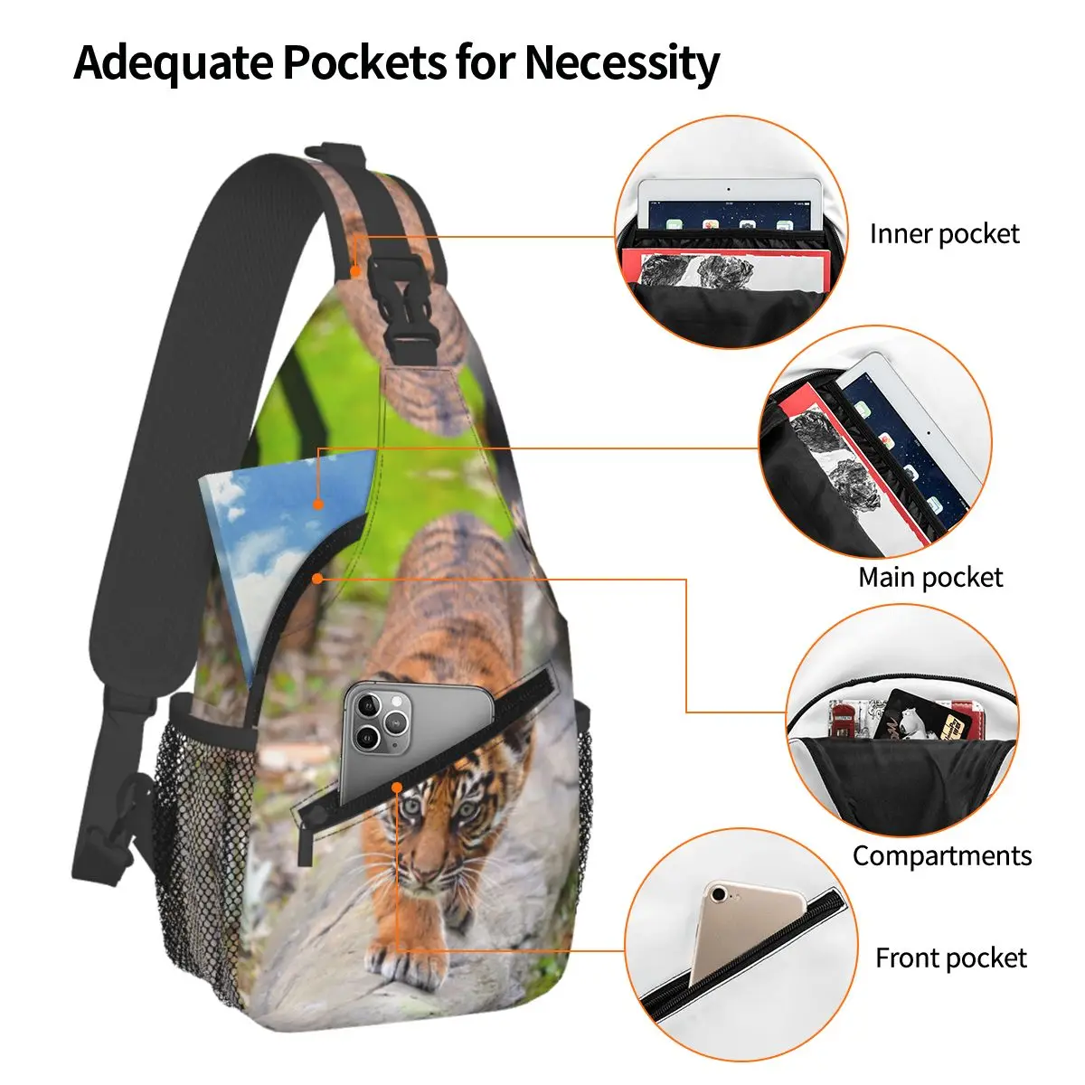 Baby Sumatran Tiger Cub Chest Bag Men Sling Crossbody Backpack Chest Bag Travel Hiking Daypack Shoulder Bag